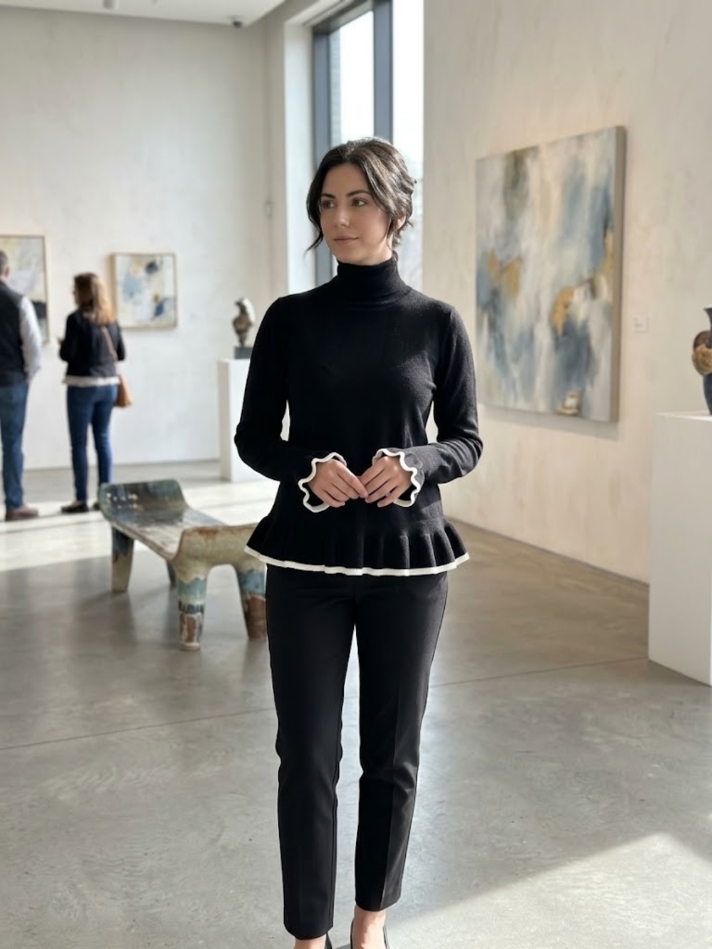 august silk Black Ruffle-Hem Turtleneck Sweater with White Trim